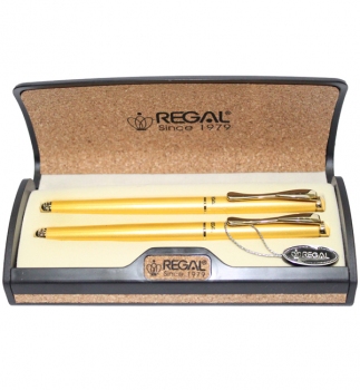 Комплект ручок (перо+ролер) в корковом футлярі, корпус золотого кольору,  REGAL R12208.A.RF