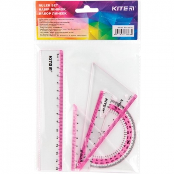 Комплект на 4 предмета (1 лінійка 15 см, 2 косинця і транспортир) Kite k17-280-10 рожевий