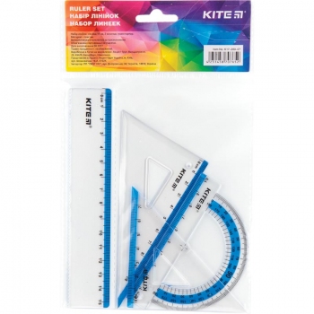 Комплект на 4 предмета (1 лінійка 15 см, 2 косинця і транспортир) Kite k17-280-07 синій