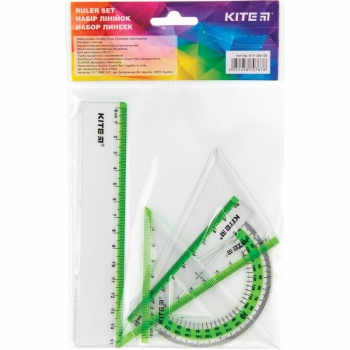 Комплект на 4 предмета (1 лінійка 15 см, 2 косинця і транспортир) Kite k17-280-09 зелений
