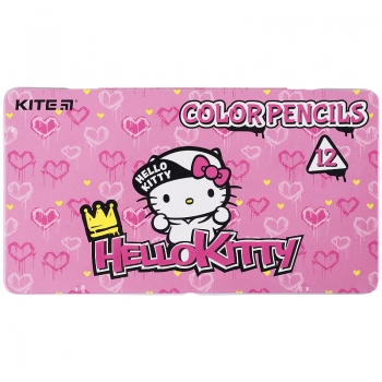 Олівці кольорові тригранні 12 штук в металевому пеналі серія Hello Kitty Kite hk21-058