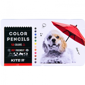 Олівці кольорові тригранні 12 штук в металевому пеналі серія Dogs Kite k22-058-1