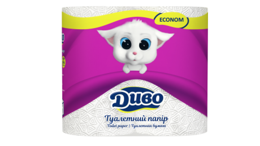 Папiр туалетний целюлозний  ECONOM, 4 рулона в пакуванні, на гільзі, двошаровий, білий Диво тп.де.4б