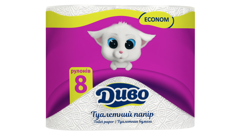 Папiр туалетний целюлозний  ECONOM, 8 рулонів в пакуванні, на гільзі, двошаровий, білий Диво тп.де.8б