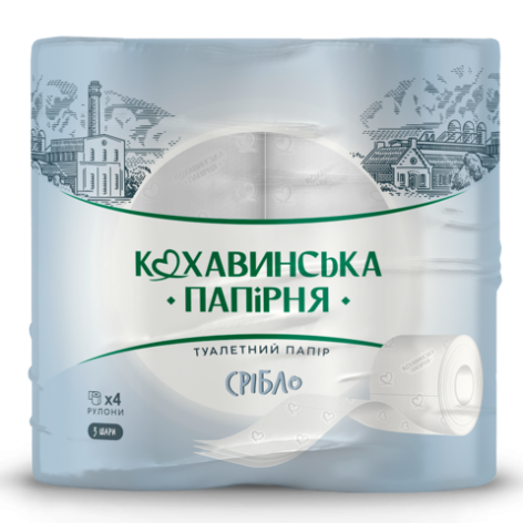 Папiр туалетний целюлозний СРІБЛО, 4 рулона в пакуванні, на гільзі, тришаровий, білий Кохавинка kx.50972
