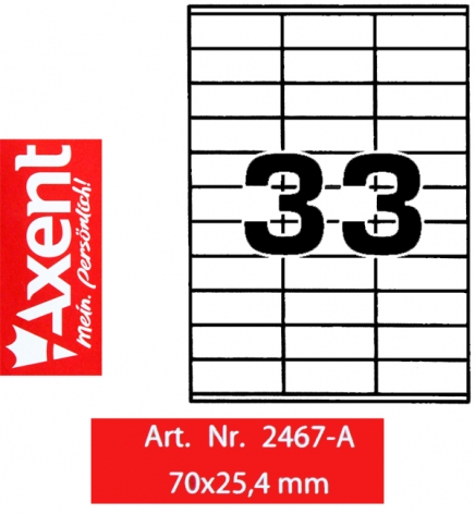 Етикетки самоклеючі 33 шт. на аркуші, 70 х 25,4 мм (100 аркушів) Axent 2467-А