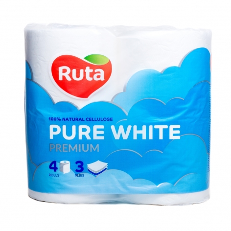 Папiр туалетний целюлозний Pure White, 4 рулона в пакуванні, на гільзі, тришаровий, білий Ruta  rt.47531