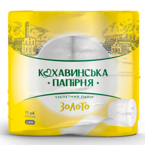 Папiр туалетний целюлозний ЗОЛОТО, 4 рулона в пакуванні, на гільзі, чотиришаровий, білий Кохавинка kx.51047