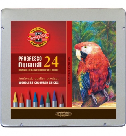 Олівці кольорові без покриття деревиною акварельні 24 кольори в металевій упаковці Progresso, Koh-i-noor 8784