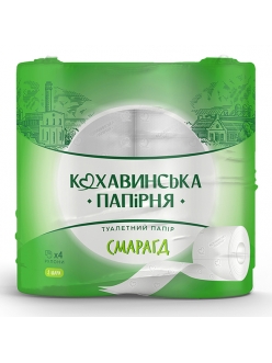 Папiр туалетний целюлозний СМАРАГД, 4 рулона в пакуванні, на гільзі, двошаровий, білий Кохавинка kx.51023