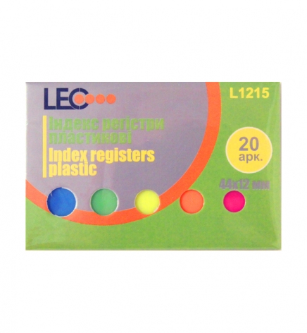 Пластикові індекс регистри 5 кольорів х 20 арк. розміром 44 мм х 12 мм LEO L1215 (170146)