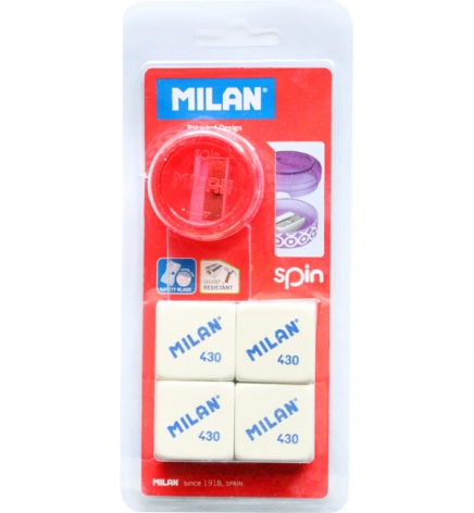 Комплект ластиків в блістері + чинка SPIN Milan ml.ВYМ10227 червоний