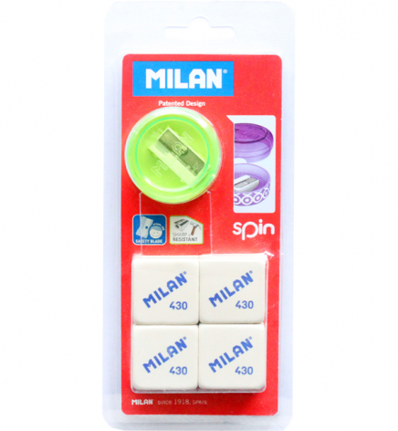 Комплект ластиков в блистере + точилка SPIN Milan ml.ВYМ10227 салатовый