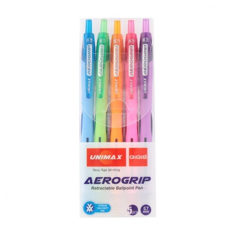 Комплект кольорових автоматичних масляних ручок 5 кольорів Aerogrip-3 - 0,7 мм Unimax UX-140-20