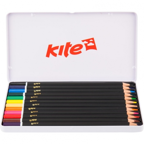Олівці кольорові тригранні 12 штук в металевому пеналі Kite серія 
