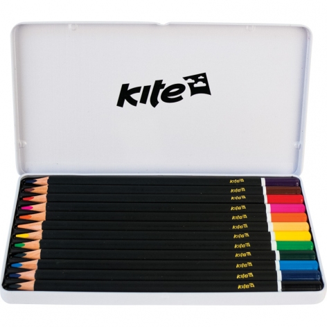 Олівці кольорові тригранні 12 штук в металевому пеналі Kite K16-058