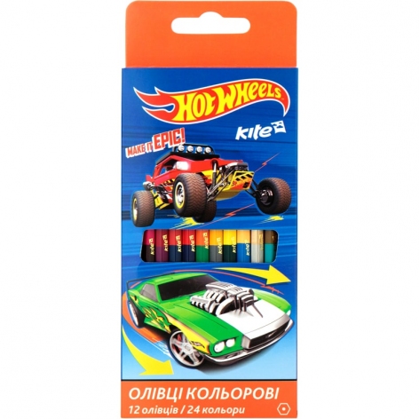 Карандаши цветные двухсторонние 12 штук 24 цвета  Kite Hot Wheels HW17-054