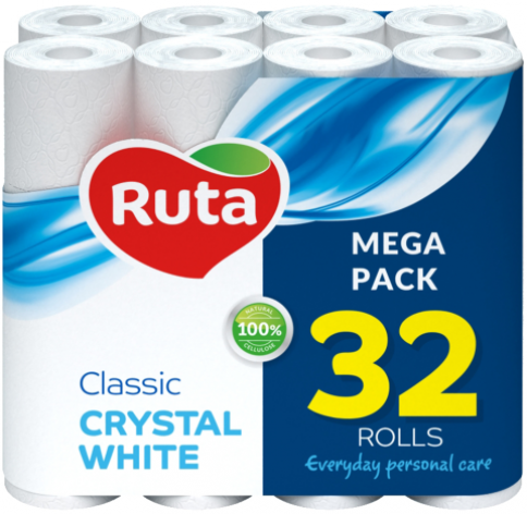 Папiр туалетний целюлозний CLASSIC, 32 рулона, на гільзі, двошаровий, білий Ruta  rt.92670