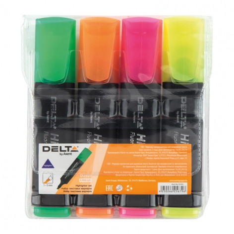 Комплект текстових маркерів 1-5 мм, 4 кольори Highlighter Delta by Axent D2501-40