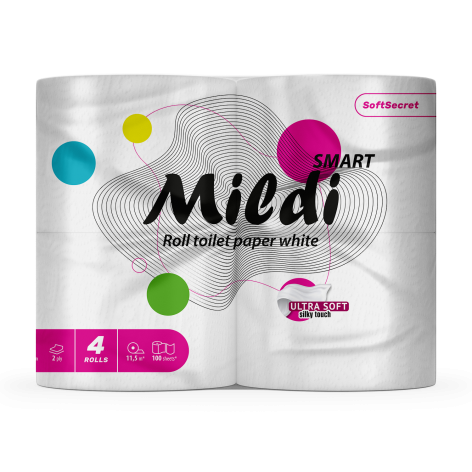 Папiр туалетний целюлозний Mildi Smart, 4 рулона в пакуванні, на гільзі, двошаровий, білий Кохавинка kx.51115