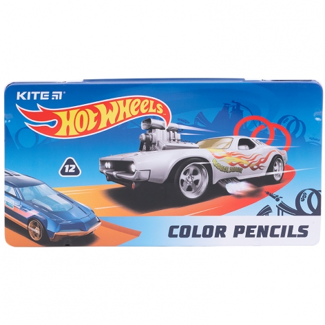 Олівці кольорові тригранні 12 штук в металевому пеналі серія Hot Wheels Kite hw21-058