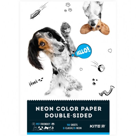 Папір кольоровий двостронній 10 арк., 5 неонових + 5 звичайних кольорів А4 Dogs Kite k22-288