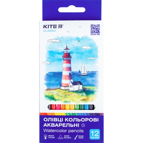 Олівці кольорові акварельні 12 кольорів Classic Kite k-1049