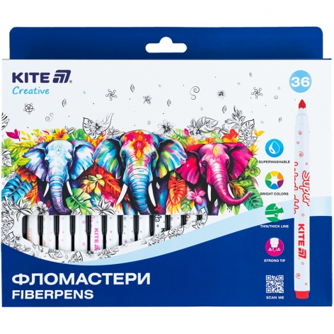 Фломастери, набір 36 кольорів Creative Superwashable Kite k-1154