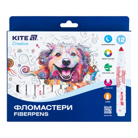 Фломастери, набір 12 кольорів Creative Superwashable Jumbo Kite k-1155