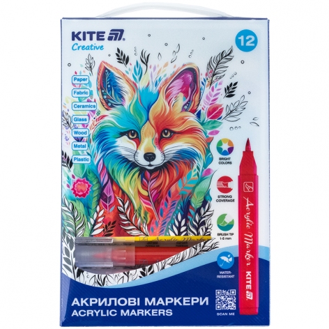 Маркери-пензлики акрилові, набір 12 кольорів Creative Kite k-1159