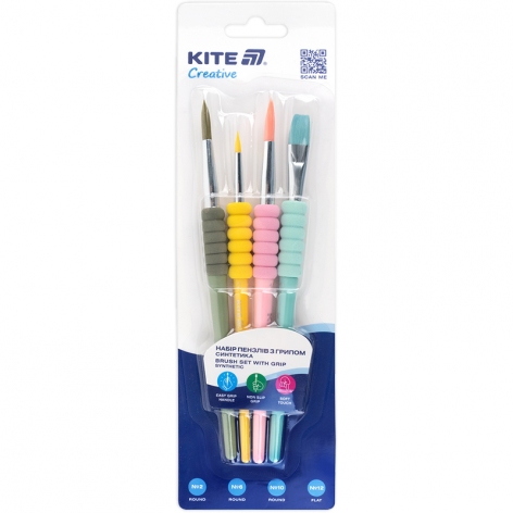 Набір із 4-x пензлів з грипом синтетика Kite Creative KITE k-334-2