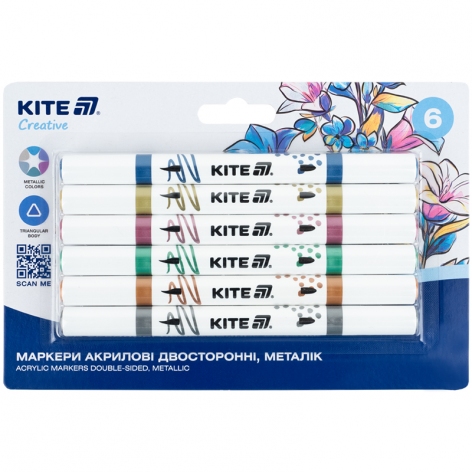 Маркеры акриловые двухсторонние 12 цветов, 6 штук металлик Creative KITE k-1294
