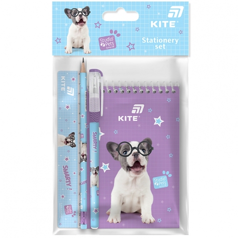 Набор канцтоваров 4 предмета (линейка, карандаш, ручка, блокнот)  Studio Pets KITE sp26-s03
