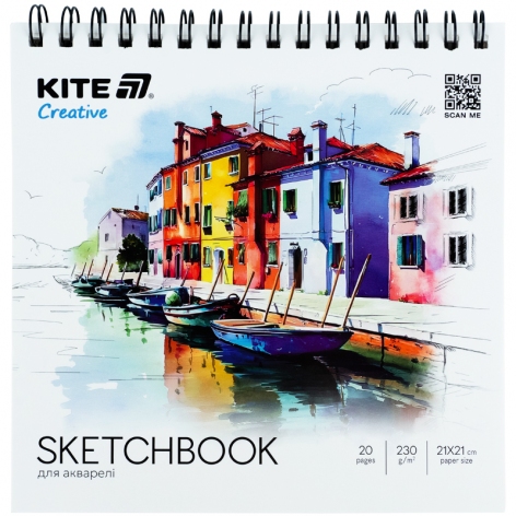 Скетчбук для акварели 20 листов, 21 х  21 см, на пружине Creative KITE k-1285