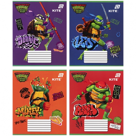 Тетрадь 12 листов в косую линию софт тач + УФ лак, Ninja Turtles KITE nt26-235