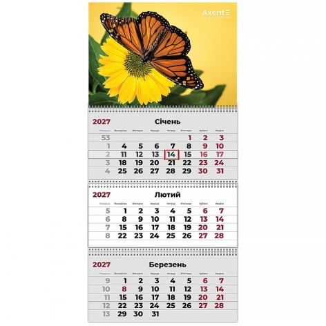 Календар настінний квартальний 2027 рік на три пружини Butterflies 2, Axent 8803-27-5-a