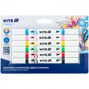 Маркеры акриловые двухсторонние 12 цветов, 6 штук Creative KITE k-1293