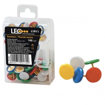 Кнопкі металеві кольорові круглі, 100  штук в пластиковому боксі LEO L1911 (140130)