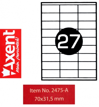 Етикетки самоклеючі 27 шт. на аркуші, 70 х 31,5 мм (100 аркушів) Axent 2475-А