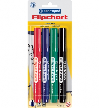 Комплект маркерів для паперового блоку на фліпчарті 2,5 мм конусний письмовий вузол, Centropen Flipchart  8550/4/BL чотири кольори