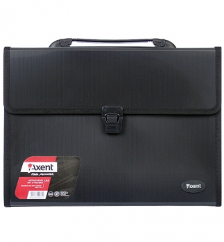 Портфель пластиковый на 3 отделения, А4, с тканевыми боками на молнии, черный, AXENT 1601-01-А