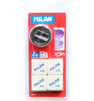 Комплект ластиков в блистере + точилка SPIN Milan ml.ВYМ10227 серый