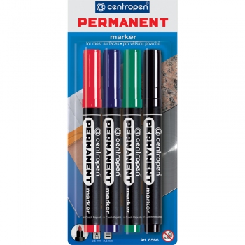 Комплект перманентных маркеров 2,5 мм, 4 цвета, конусообразный наконечник Centropen Permanent 8566/4/BL