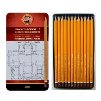 Комплект графітних олівців 1500 Technic, НВ-10Н, 12 штук в  металевому пеналі Koh-i-noor 1502.І