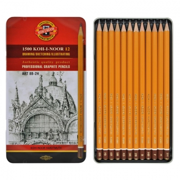Комплект графітних олівців 1500 Art, 8В-2Н, 12 штук в  металевому пеналі Koh-i-noor 1502.II