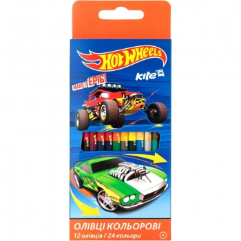 Олівці кольорові двосторонні 12 штук 24 кольори  Kite Hot Wheels HW17-054