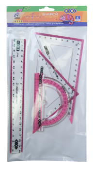 Комплект на 4 предмета (транспортир, лінійка 20 см, 2 косинця ) ZIBI ZB.5680-10 рожевий