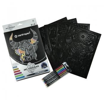 Комплект из раскраски на черной бумаге А4 формата и 6 штук цветных маркеров металлических оттенков Centropen 9390