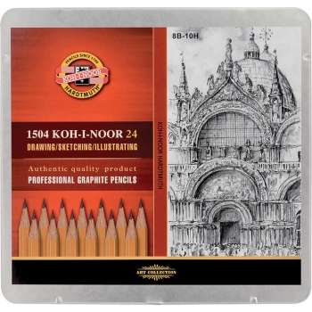 Комплект графітних олівців 1500 8В-10Н, 24 штук в  металевому пеналі Koh-i-noor 1504