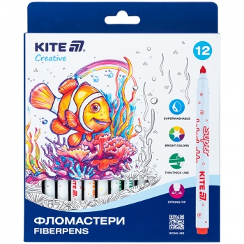 Фломастери, набір 12 кольорів Creative Superwashable Kite k-1152